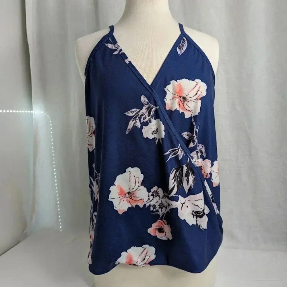 Navy Blue floral print, flowy fit, tank top women's size Large NWOT T14 - Picture 1 of 5